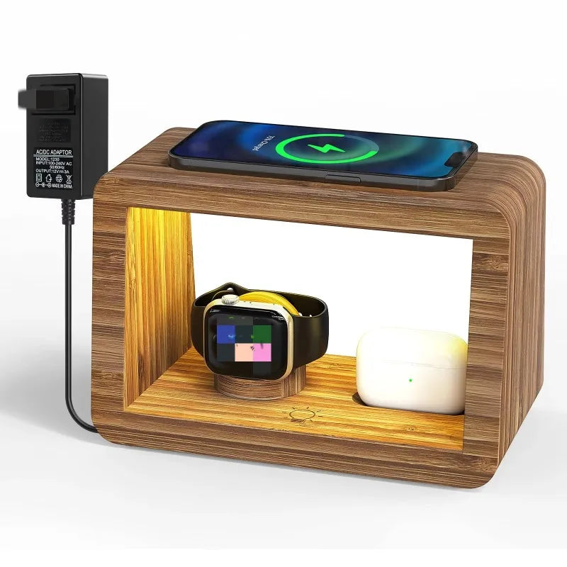 Bamboo Wood 4-in-1 Wireless Charging Desk Organizer